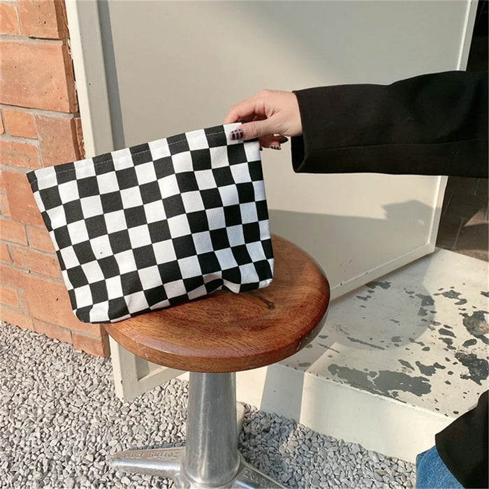TZ Checkered Canvas Cosmetic Storage Bag Large Capacity Makeup Pouch Pen Coin Purse Handbag - Black / White - 3
