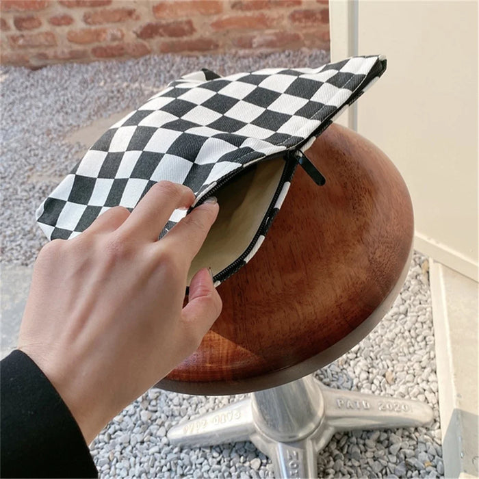 TZ Checkered Canvas Cosmetic Storage Bag Large Capacity Makeup Pouch Pen Coin Purse Handbag - Black / White - 4