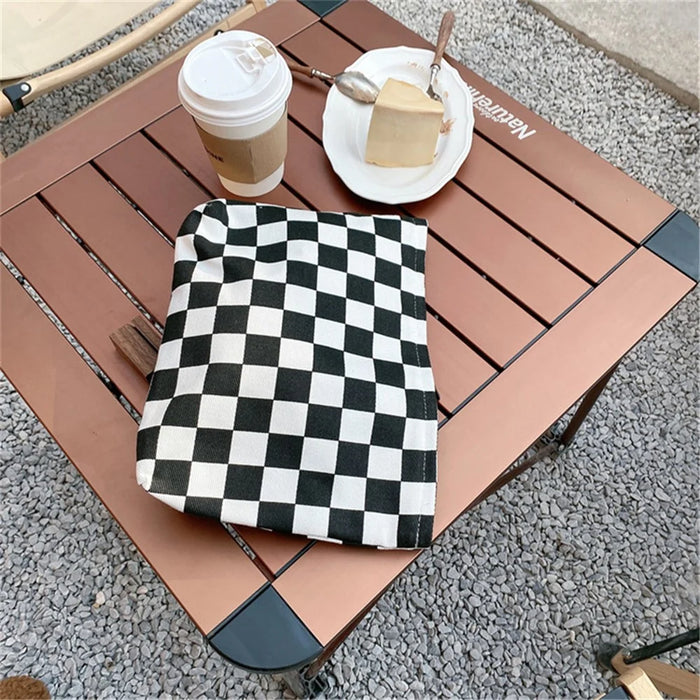 TZ Checkered Canvas Cosmetic Storage Bag Large Capacity Makeup Pouch Pen Coin Purse Handbag - Black / White - 5
