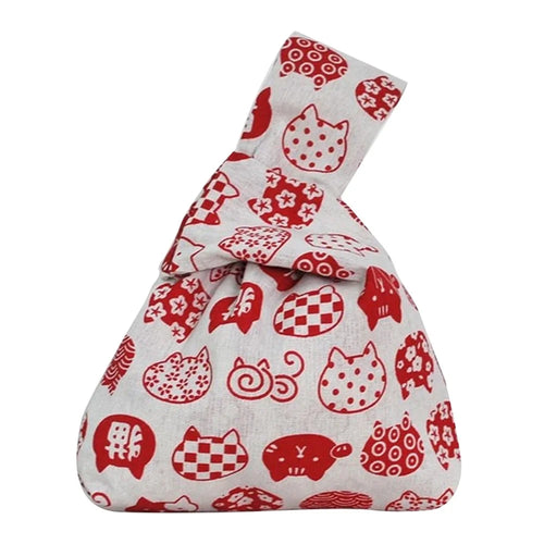 TZ Japanese Style Canvas Handbag Cute Pattern Portable Purse Tote Wrist Bag for Ladies, Girls - White / Red Cat - 1