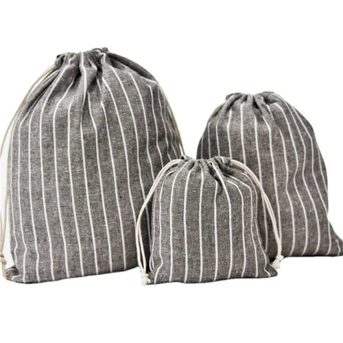 3Pcs / Set Drawstring Storage Bags Stripe Pattern Cotton Linen Pouches Travel Organizer - Coffee - 1