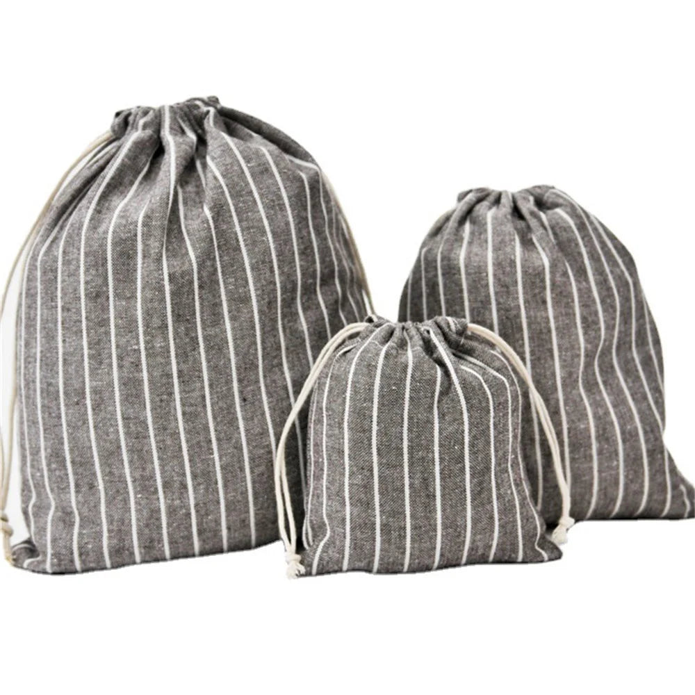 3Pcs / Set Drawstring Storage Bags Stripe Pattern Cotton Linen Pouches Travel Organizer - Coffee - 1