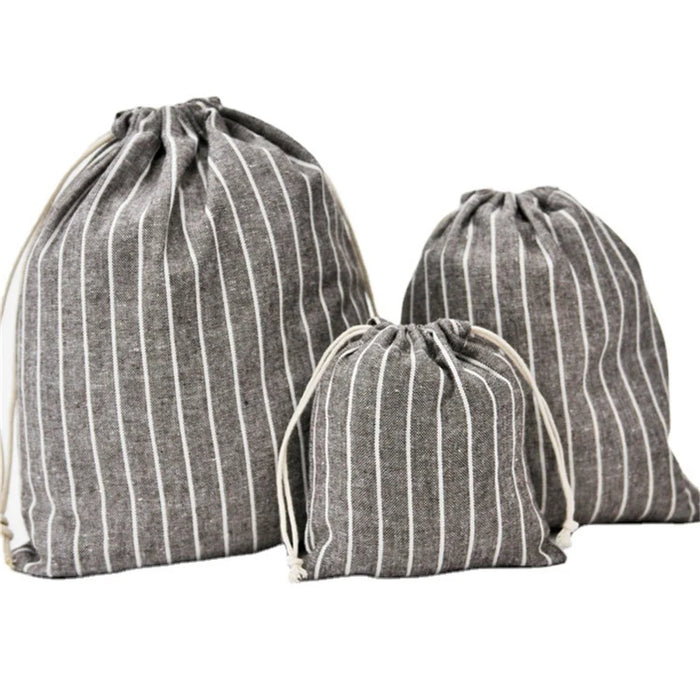 3Pcs / Set Drawstring Storage Bags Stripe Pattern Cotton Linen Pouches Travel Organizer - Coffee - 1