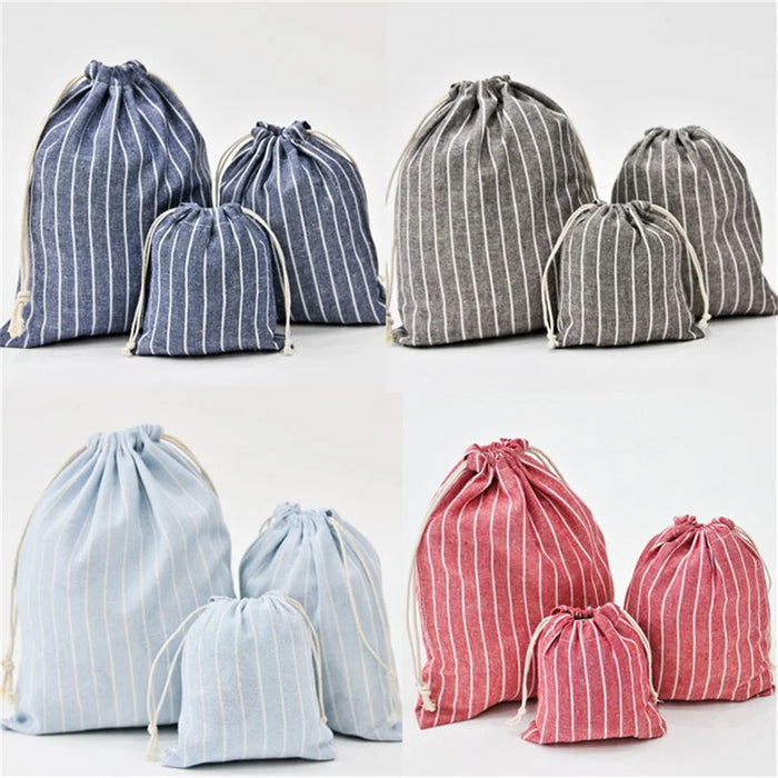 3Pcs / Set Drawstring Storage Bags Stripe Pattern Cotton Linen Pouches Travel Organizer - Coffee - 2