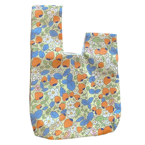 Cute Strawberry / Rabbit Pattern Cotton Linen Small Coin Purse Wrist Knot Tote Bag for Ladies Girls - Blue Leaf+Orange Strawberry - 1
