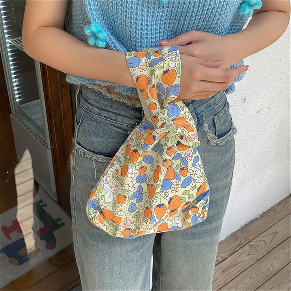 Cute Strawberry / Rabbit Pattern Cotton Linen Small Coin Purse Wrist Knot Tote Bag for Ladies Girls - Blue Leaf+Orange Strawberry - 2