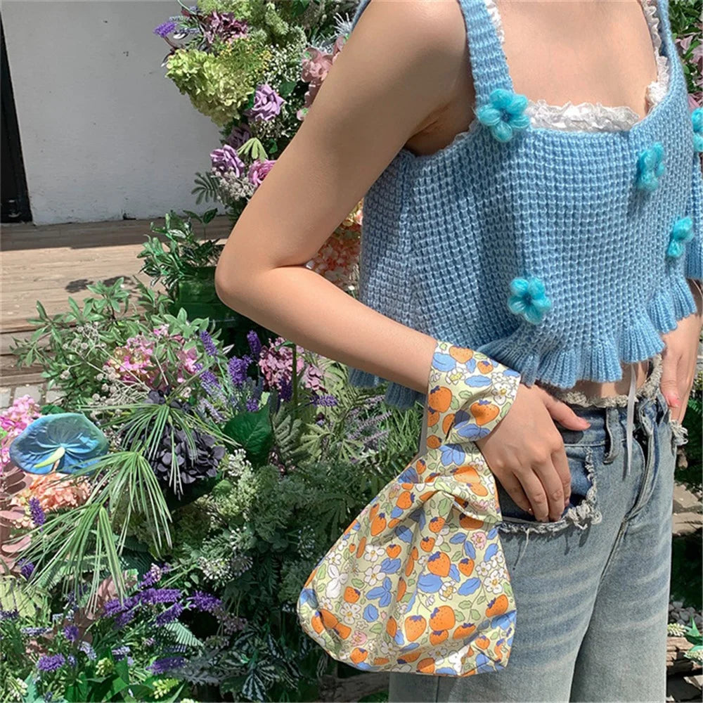 Cute Strawberry / Rabbit Pattern Cotton Linen Small Coin Purse Wrist Knot Tote Bag for Ladies Girls - Blue Leaf+Orange Strawberry - 3