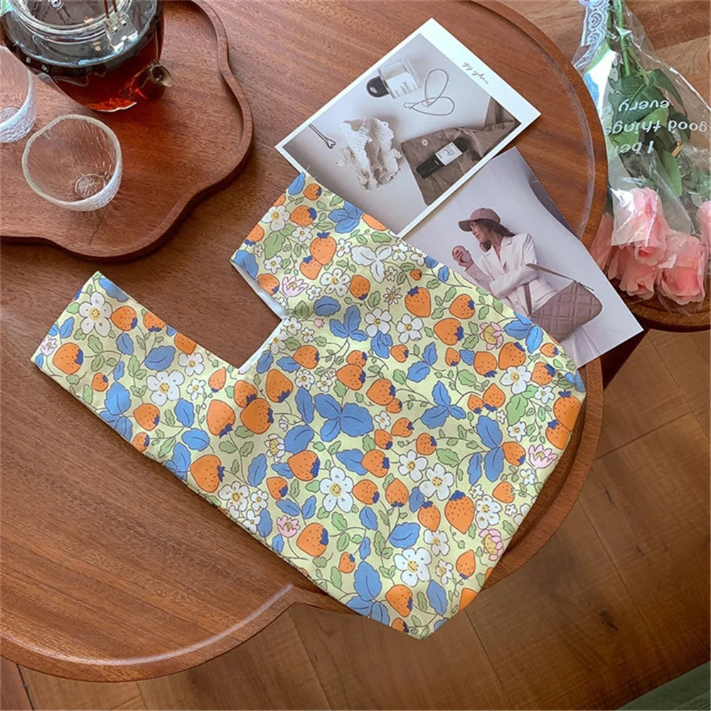Cute Strawberry / Rabbit Pattern Cotton Linen Small Coin Purse Wrist Knot Tote Bag for Ladies Girls - Blue Leaf+Orange Strawberry - 4