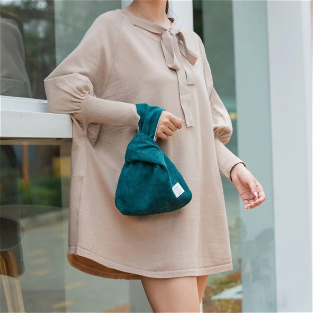 Autumn Winter Lightweight Corduroy Wrist Knot Tote Bag Small Coin Purse for Ladies Girls - Blackish Green - 2