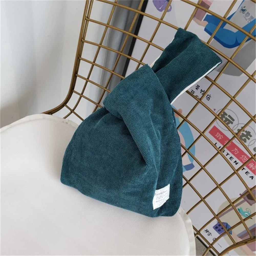 Autumn Winter Lightweight Corduroy Wrist Knot Tote Bag Small Coin Purse for Ladies Girls - Blackish Green - 3