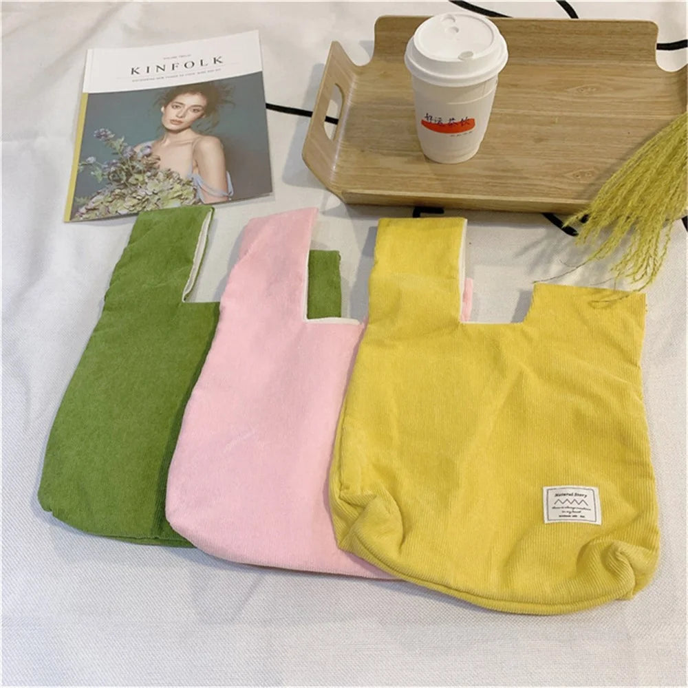 Autumn Winter Lightweight Corduroy Wrist Knot Tote Bag Small Coin Purse for Ladies Girls - Blackish Green - 4