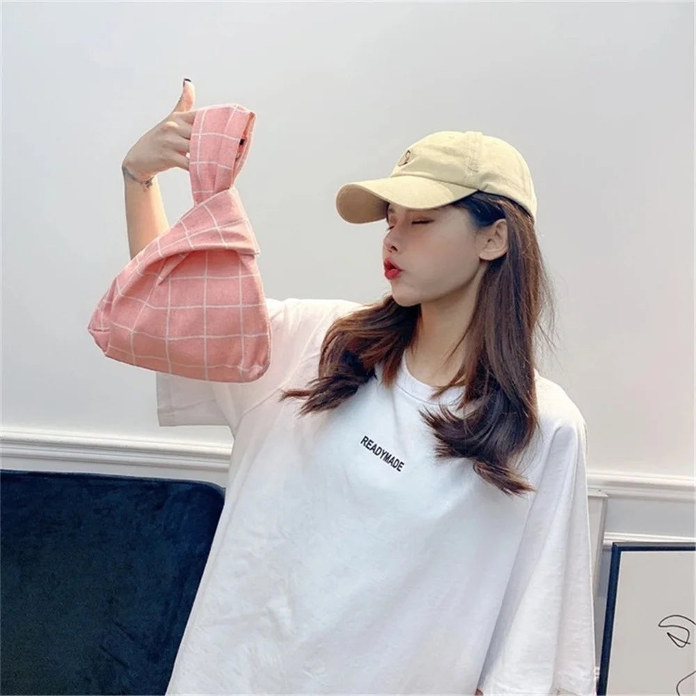 TZ Japanese Style Portable Purse Wrist Bag Fashionable Pattern Canvas Tote Handbag - Wheat - 2