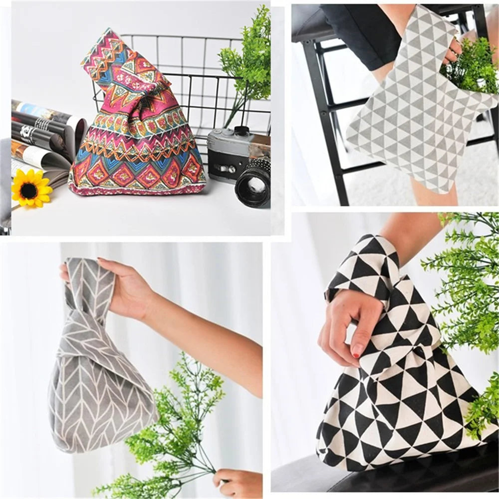 TZ Japanese Style Portable Purse Wrist Bag Fashionable Pattern Canvas Tote Handbag - Wheat - 3