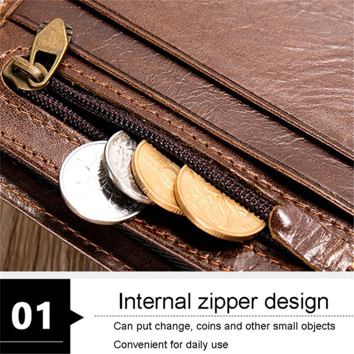 RFID Blocking Men's Wallet Top-Layer Cowhide Leather Clutch Purse Hand Bag Card Holder Billfold - Dark Brown - 5