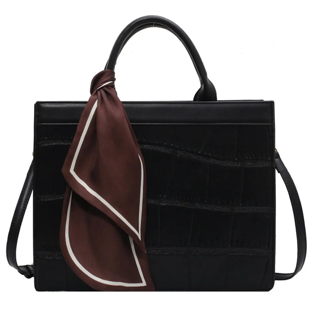 Women Square Tote Handbag Crocodile Texture PU Leather Crossbody Shoulder Bag with Scarf Decor, Size S - Black - 1