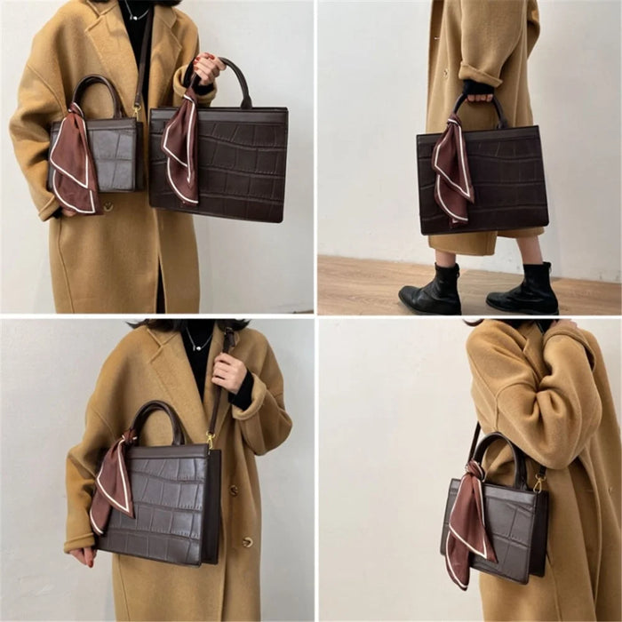 Crocodile Texture PU Leather Shoulder Bag Women Square Crossbody Tote Handbag with Scarf Decor, Size L - Black - 5