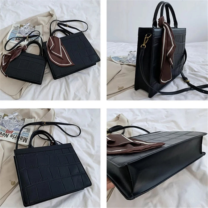 Crocodile Texture PU Leather Shoulder Bag Women Square Crossbody Tote Handbag with Scarf Decor, Size L - Black - 6