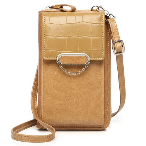 Phone Carrying Pouch Women Crocodile Texture PU Leather Zipper Wallet Small Crossbody Shoulder Bag - Apricot - 1