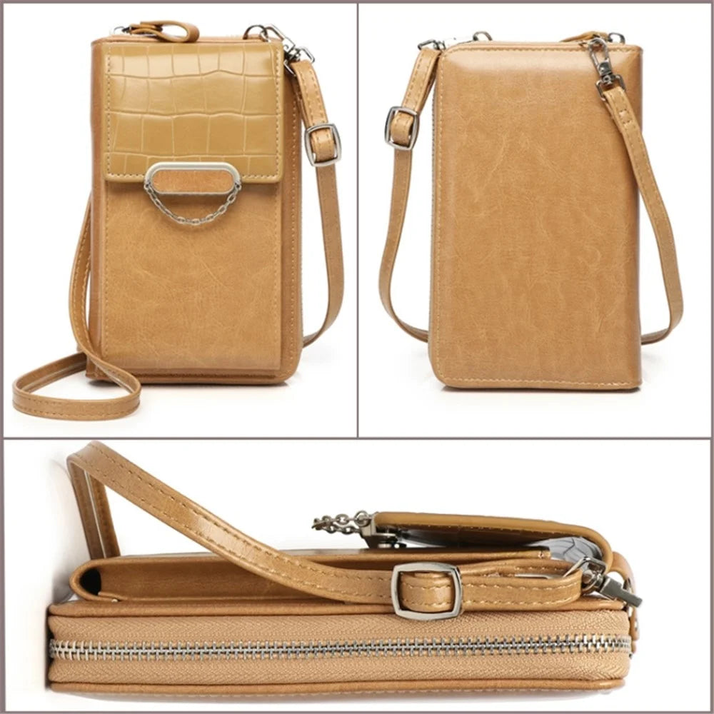 Phone Carrying Pouch Women Crocodile Texture PU Leather Zipper Wallet Small Crossbody Shoulder Bag - Apricot - 2