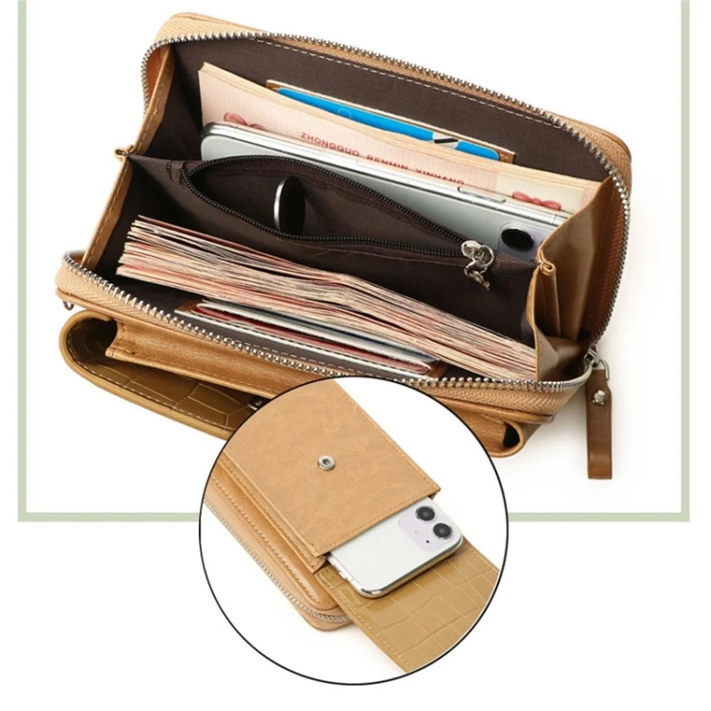 Phone Carrying Pouch Women Crocodile Texture PU Leather Zipper Wallet Small Crossbody Shoulder Bag - Apricot - 3