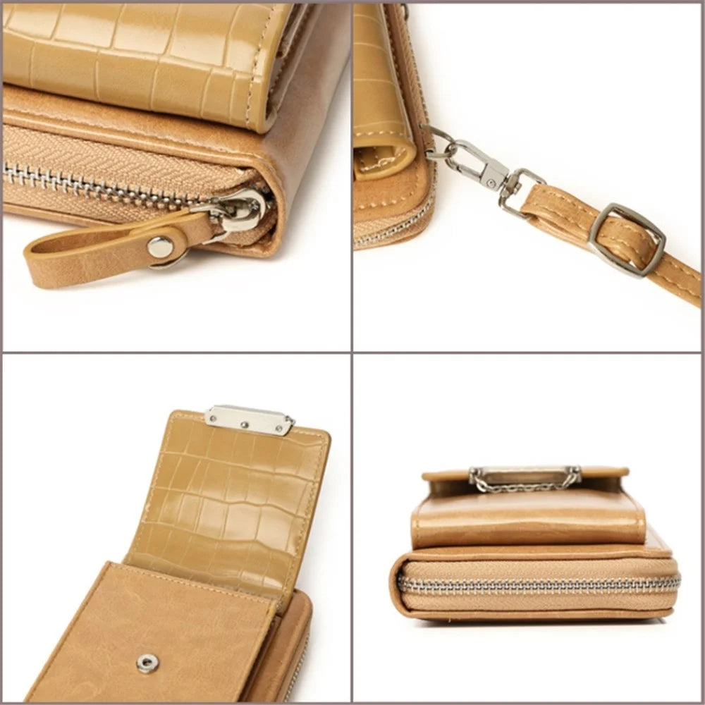 Phone Carrying Pouch Women Crocodile Texture PU Leather Zipper Wallet Small Crossbody Shoulder Bag - Apricot - 5