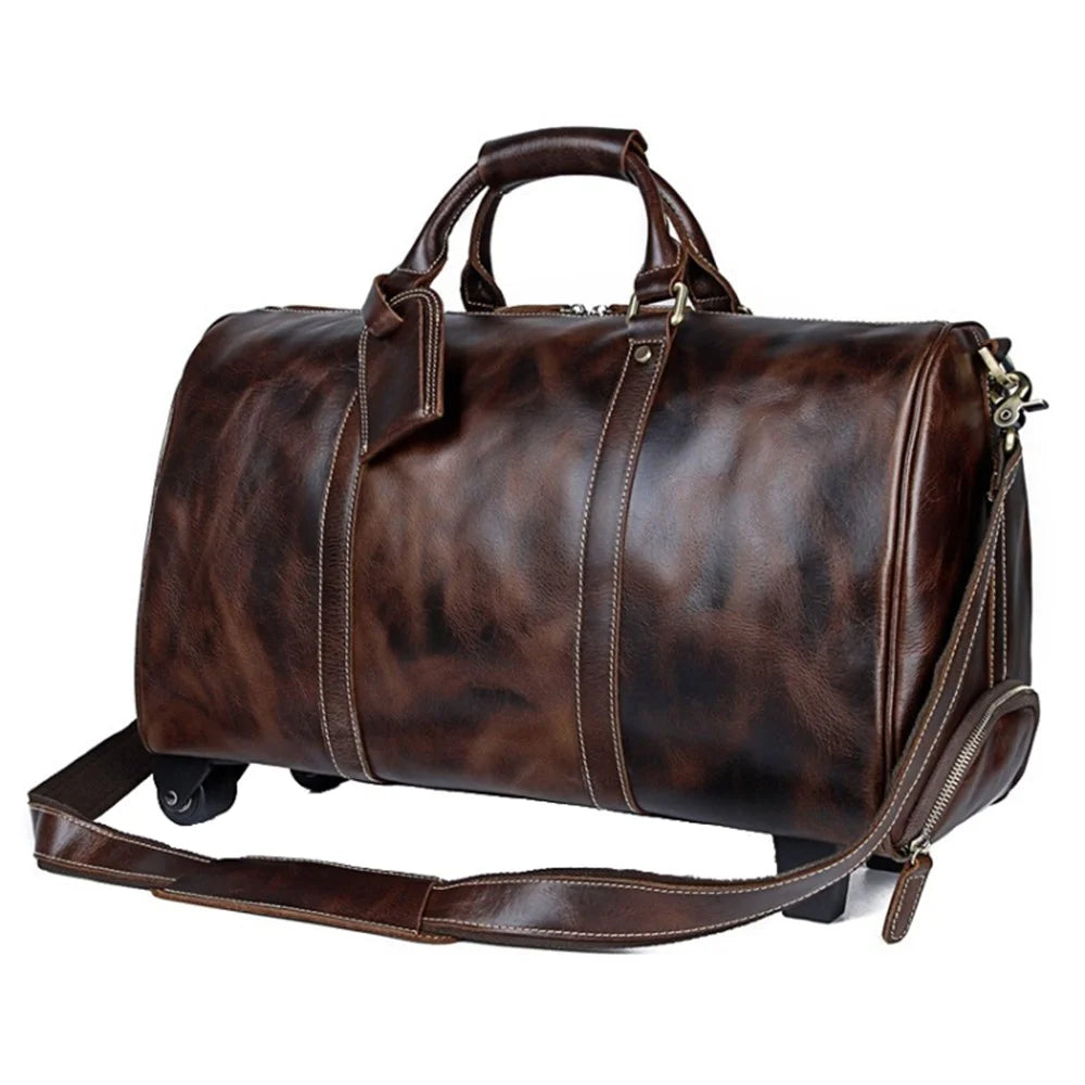 Retro Genuine Cow Leather Trolly Bag for Traveling Men Tote Shoulder Bag with Wheels - 1