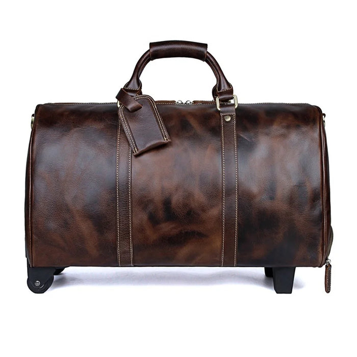 Retro Genuine Cow Leather Trolly Bag for Traveling Men Tote Shoulder Bag with Wheels - 3