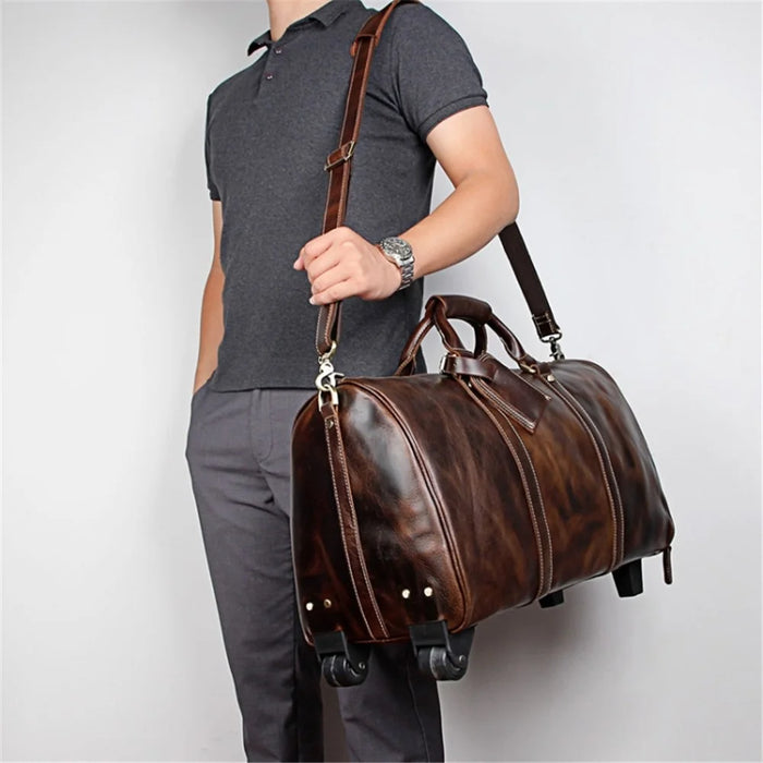 Retro Genuine Cow Leather Trolly Bag for Traveling Men Tote Shoulder Bag with Wheels - 4