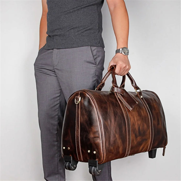 Retro Genuine Cow Leather Trolly Bag for Traveling Men Tote Shoulder Bag with Wheels - 5