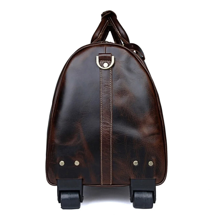 Retro Genuine Cow Leather Trolly Bag for Traveling Men Tote Shoulder Bag with Wheels - 7
