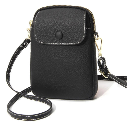 S9925 Cellphone Holder Small Crossbody Bag Top Layer Cowhide Leather Shoulder Bag - Black - 1