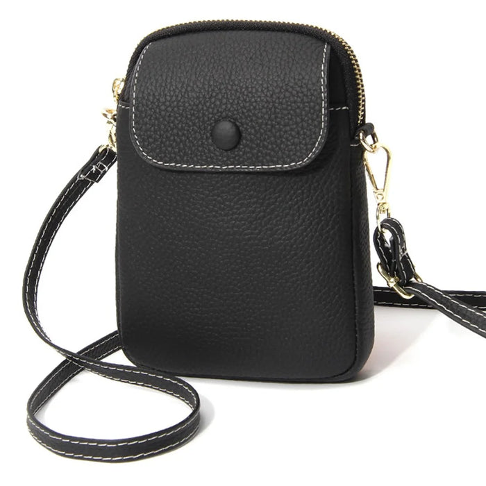 S9925 Cellphone Holder Small Crossbody Bag Top Layer Cowhide Leather Shoulder Bag - Black - 1