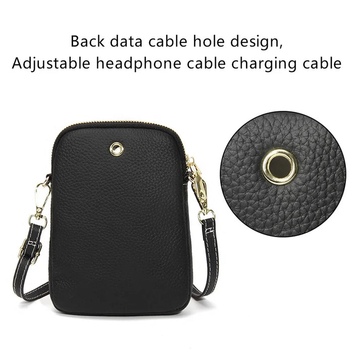 S9925 Cellphone Holder Small Crossbody Bag Top Layer Cowhide Leather Shoulder Bag - Black - 4