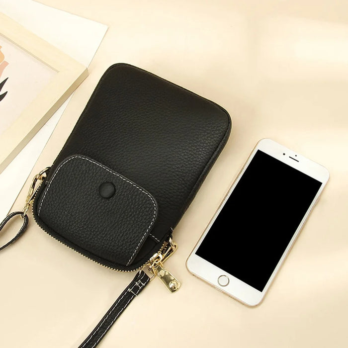 S9925 Cellphone Holder Small Crossbody Bag Top Layer Cowhide Leather Shoulder Bag - Black - 5
