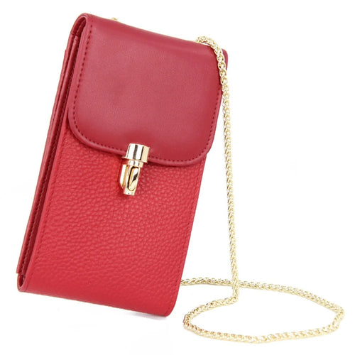 GL-16 Card Holder Small Crossbody Bag Top Layer Cowhide Leather Cellphone Pouch with Chain Strap - Wine Red - 1