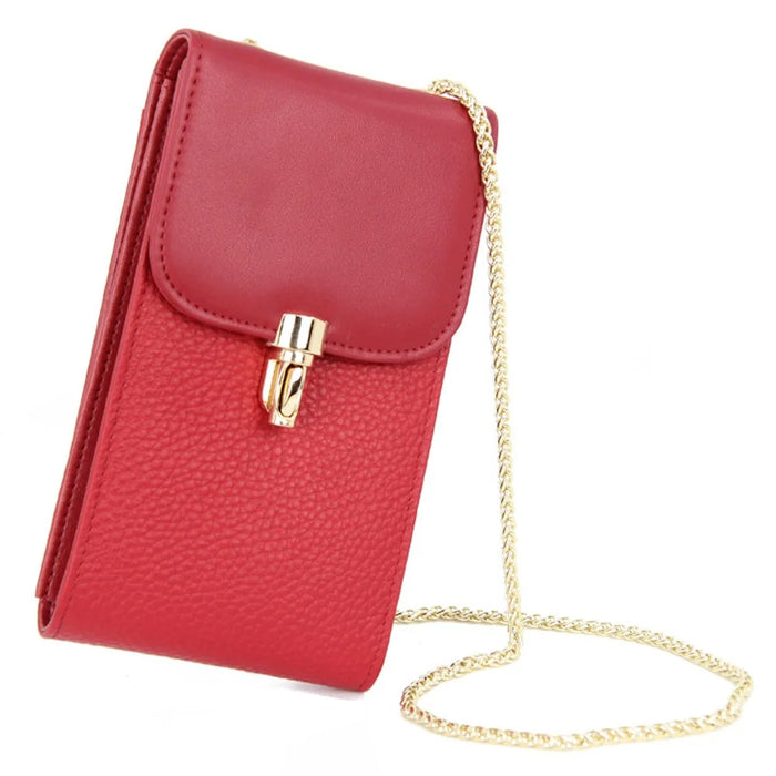 GL-16 Card Holder Small Crossbody Bag Top Layer Cowhide Leather Cellphone Pouch with Chain Strap - Wine Red - 1