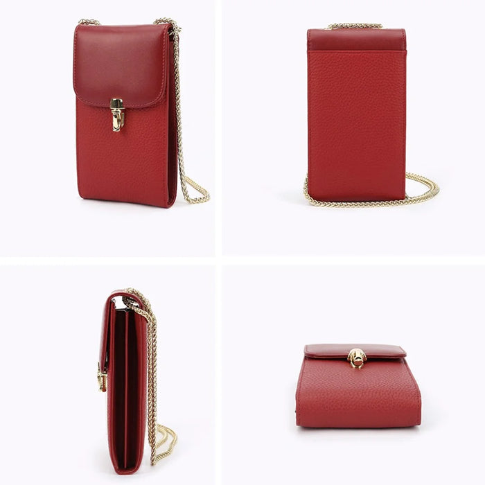 GL-16 Card Holder Small Crossbody Bag Top Layer Cowhide Leather Cellphone Pouch with Chain Strap - Wine Red - 4
