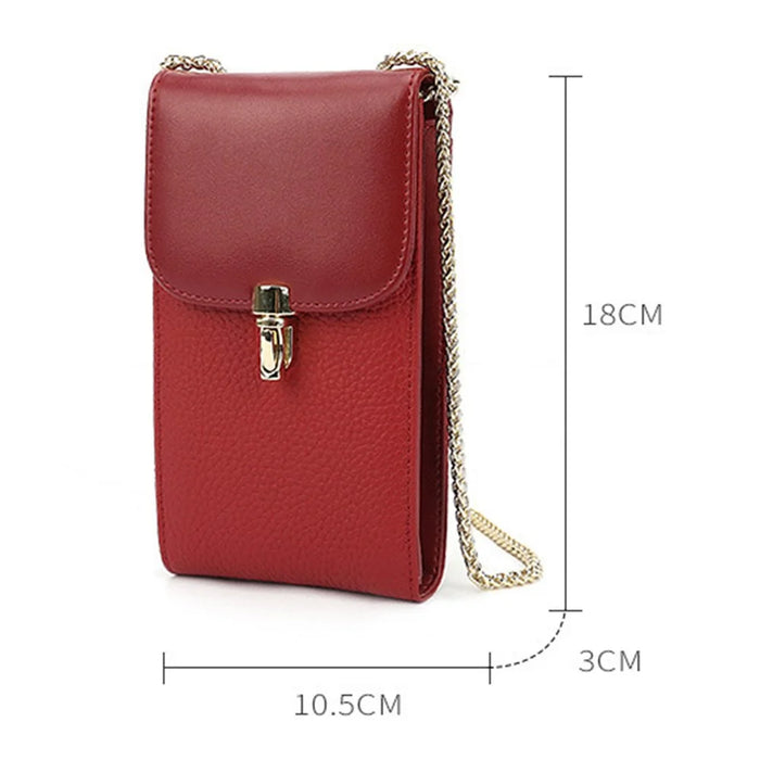GL-16 Card Holder Small Crossbody Bag Top Layer Cowhide Leather Cellphone Pouch with Chain Strap - Wine Red - 7