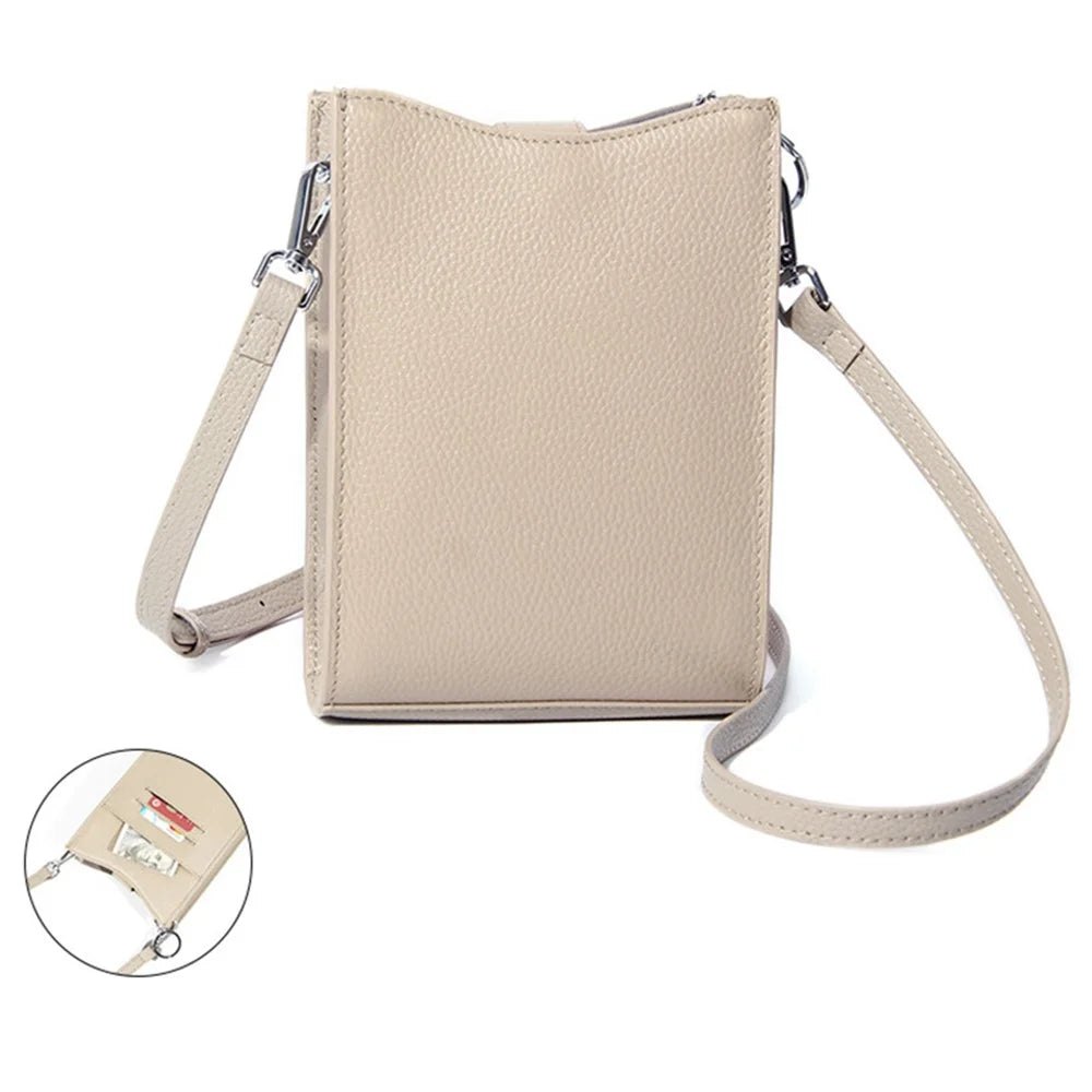0013 First Layer Cowhide Women Crossbody Bag Phone Cards Holder Crossbody Bag - Light Khaki - 1