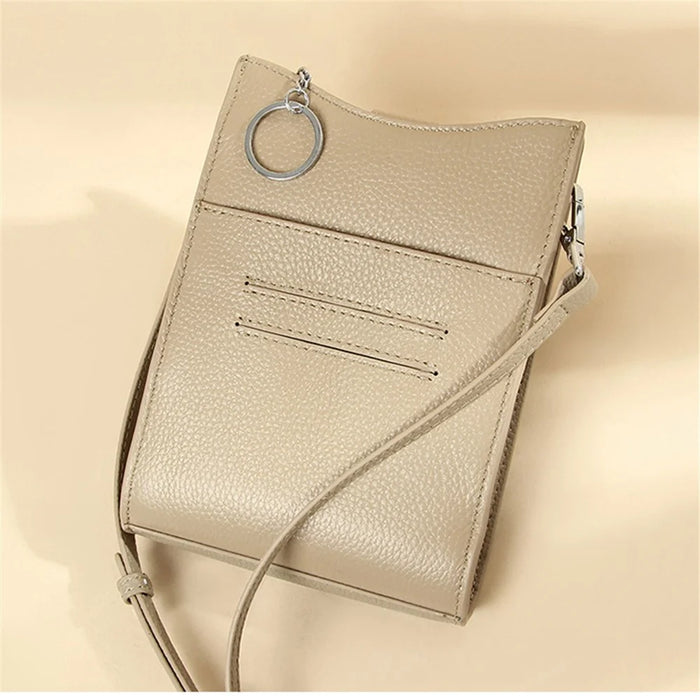 0013 First Layer Cowhide Women Crossbody Bag Phone Cards Holder Crossbody Bag - Light Khaki - 2