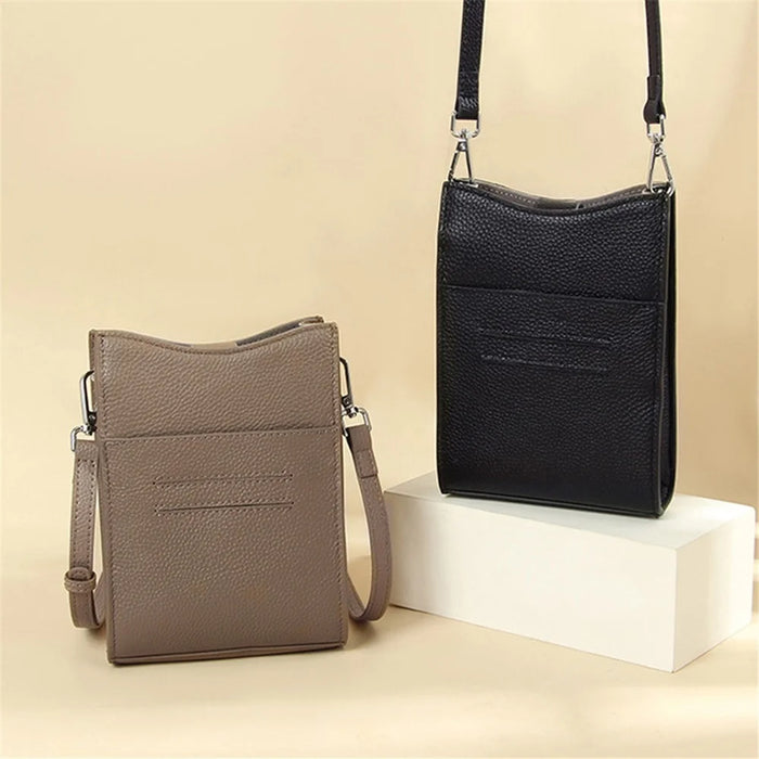 0013 First Layer Cowhide Women Crossbody Bag Phone Cards Holder Crossbody Bag - Light Khaki - 7