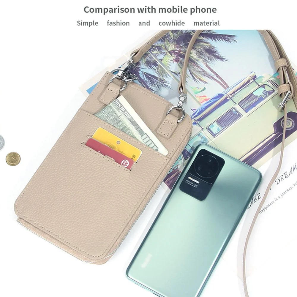 0018 Crossbody Phone Carrying Pouch Shoulder Bag Top-Layer Cowhide Leather Wallet Card Holder Bag - Khaki - 2