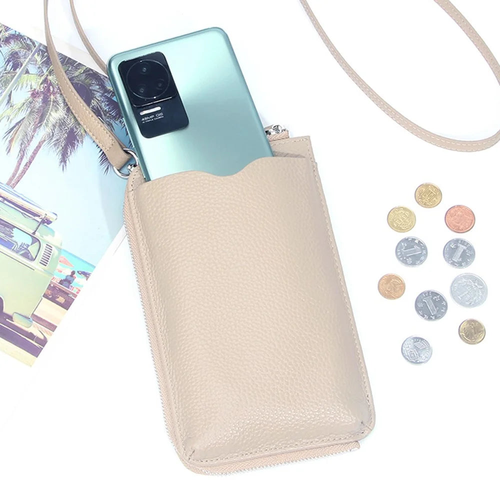 0018 Crossbody Phone Carrying Pouch Shoulder Bag Top-Layer Cowhide Leather Wallet Card Holder Bag - Khaki - 3