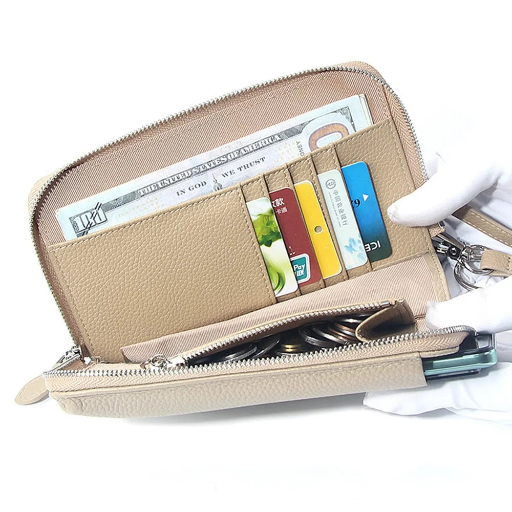 0018 Crossbody Phone Carrying Pouch Shoulder Bag Top-Layer Cowhide Leather Wallet Card Holder Bag - Khaki - 5