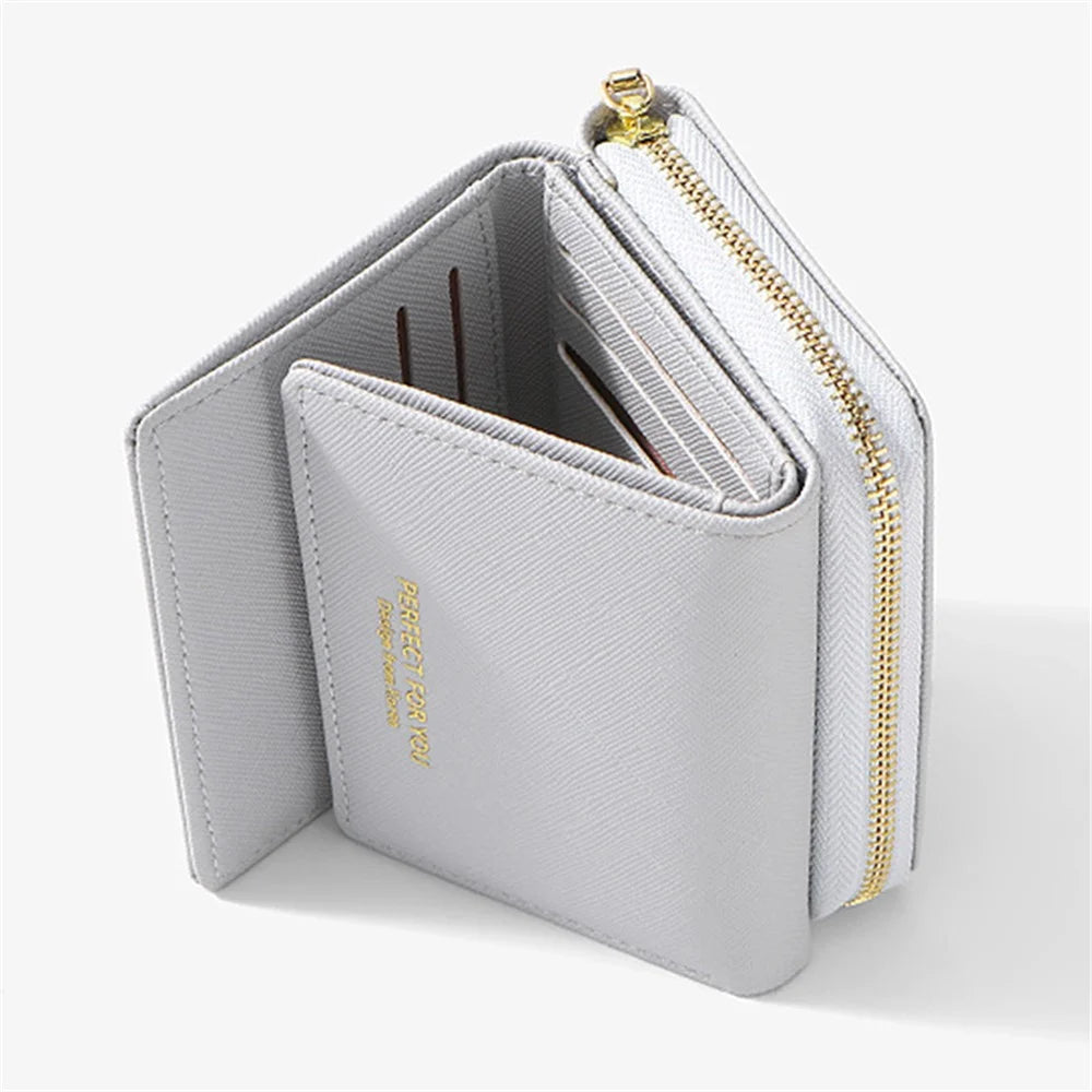 PERFECT FOR YOU HC6905-001 Cross Texture PU Leather Women Short Wallet Zipper Pocket Tri-fold Purse - Grey - 2