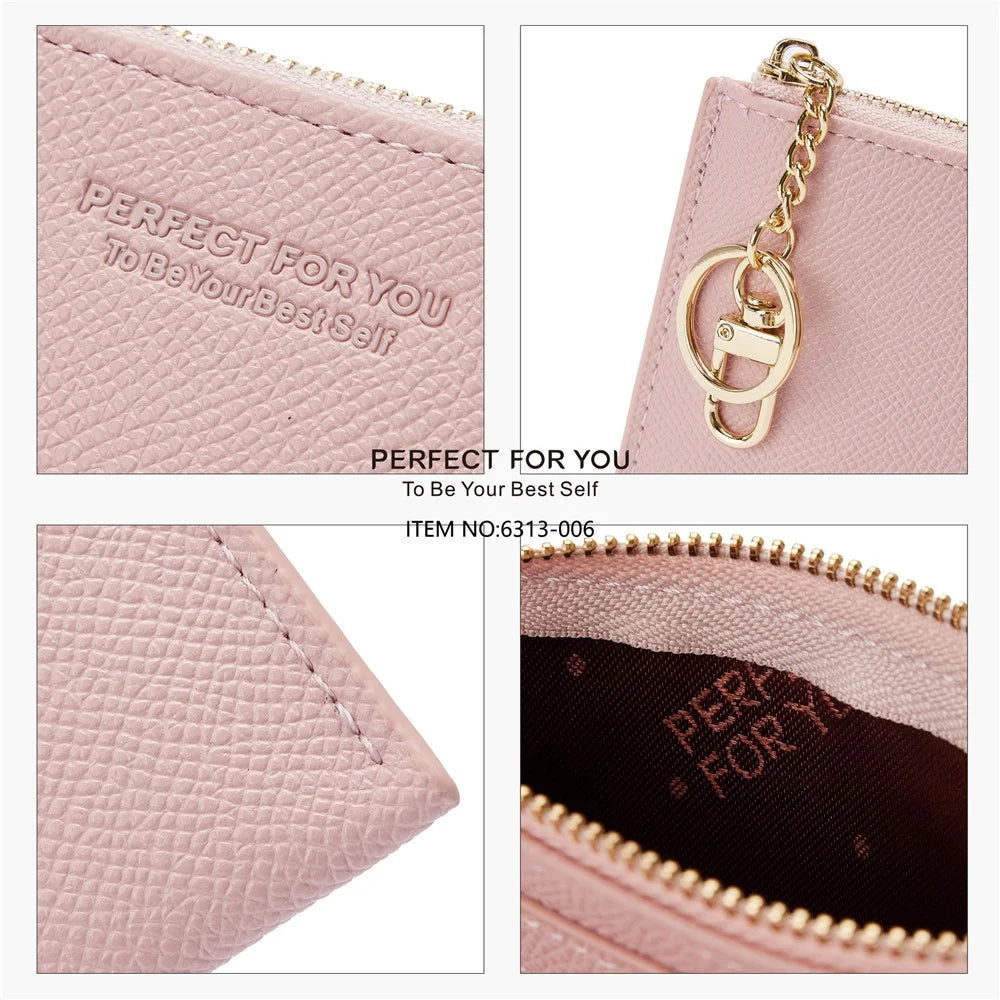 PERFECT FOR YOU 6313-006 PU Leather Women Small Wallet Card Holder Zipper Coin Purse - Pink - 6