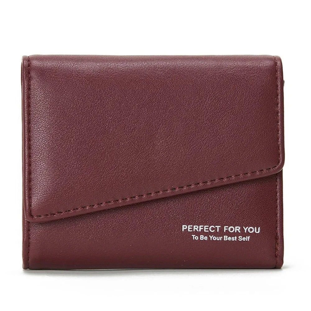 PERFECT FOR YOU 6348-002 PU Leather Short Wallet Women Tri-fold Cards Storage Bag with Zipper Pocket - Wine Red - 1