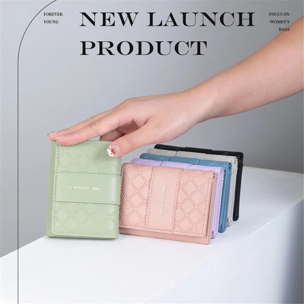 FOREVER YOUNG 8346-018Y Rhombus Grid Design PU Leather Short Wallet Women Folding Purse - Pink - 3