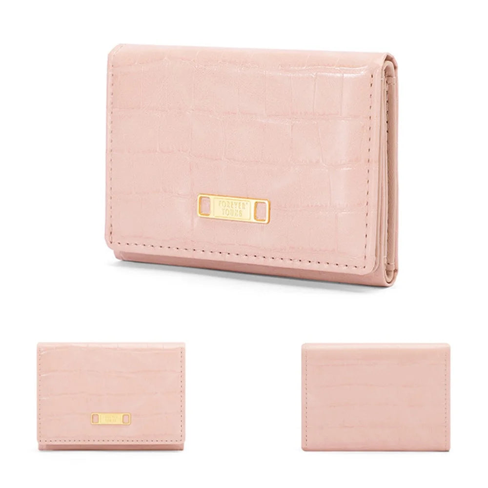 FOREVER YOUNG 8346-012Y Stone Texture PU Leather Tri-fold Short Wallet Women Card Holder Bag - Pink - 4
