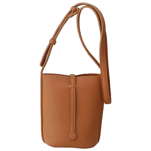 1022 Small PU Leather Bucket Bag Crossbody Shoulder Bag Daypack Phone Carrying Clutch Pouch - Dark Brown - 1